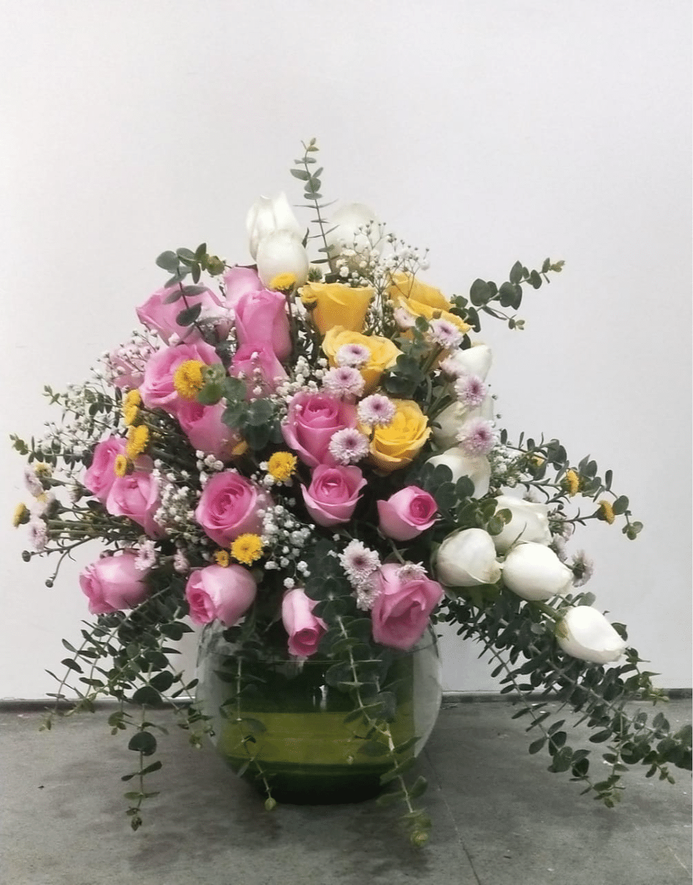 Flower Arrangement of Rose, Spray/Button Daisy and Baby Dollar in Glass Fish Bowl - Image 1