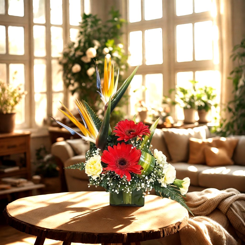 Floral Arrangement with Birds of Paradise, Carnations and Grebera in Vase