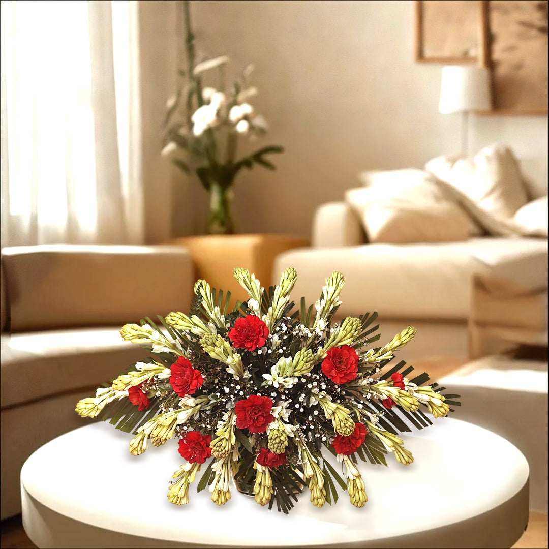Flower Arrangement with Rajnigandha and Carnations in Glass Vase