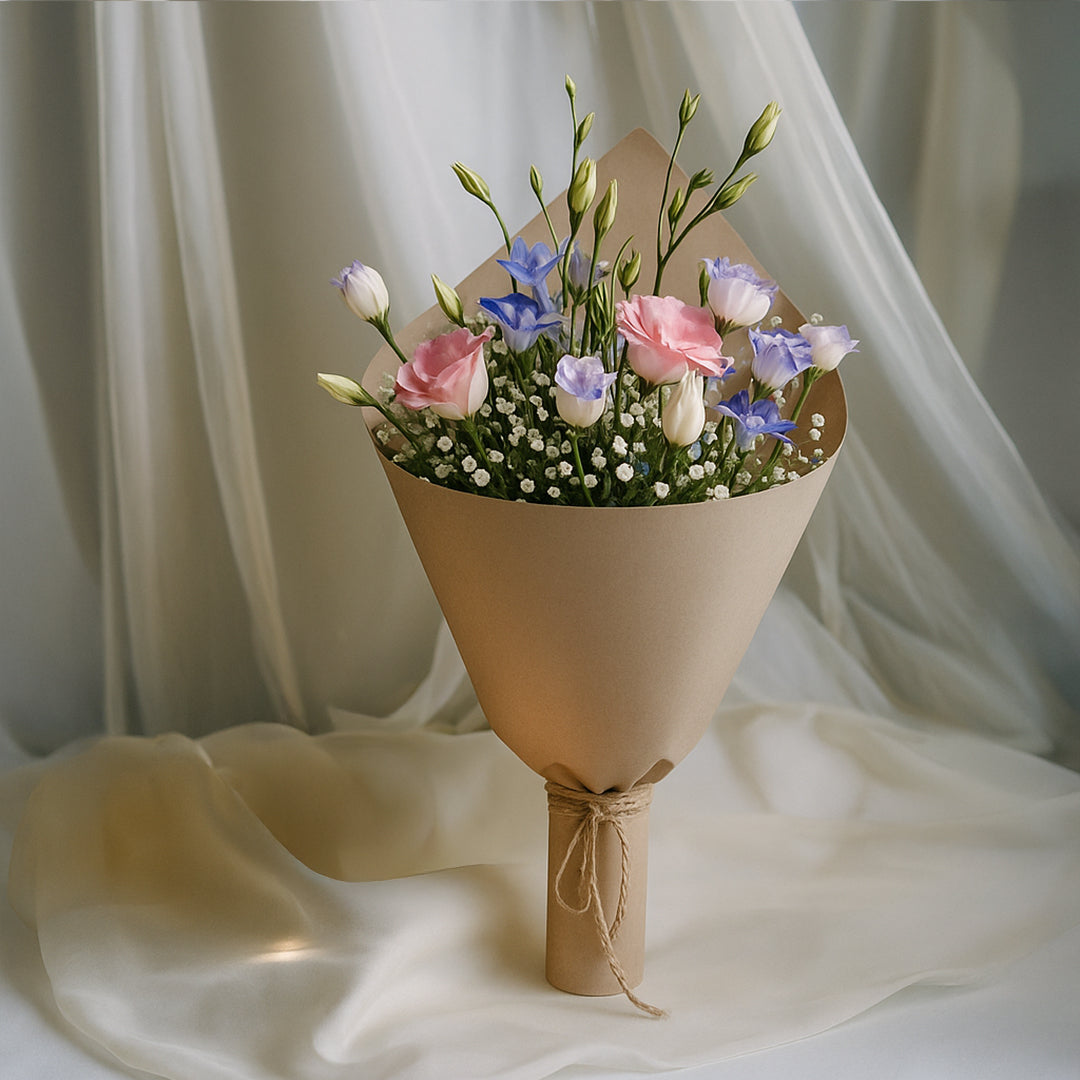 Eustoma and Pink Rose in Simple Brown Wrap