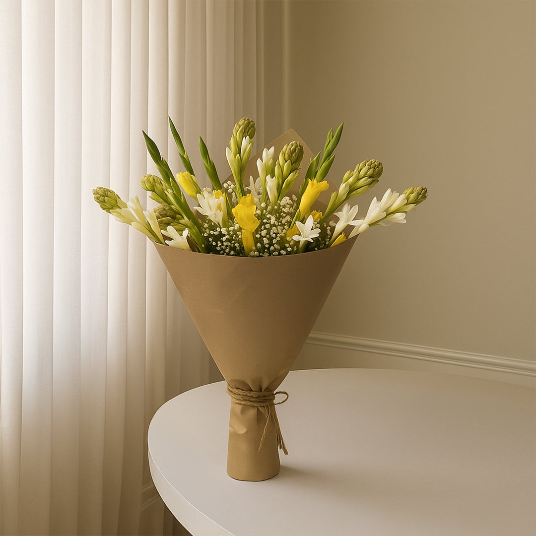 Mix Flowers- Fragrant Rajngandha and Gladioli in Brown Wrap