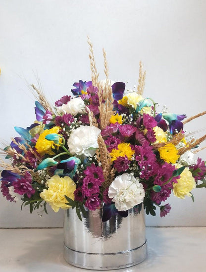 Floral Arrangement of Mixed Spray Daisies, Carnations, Orchids and Dry Flower Sticks in Box - Image 1