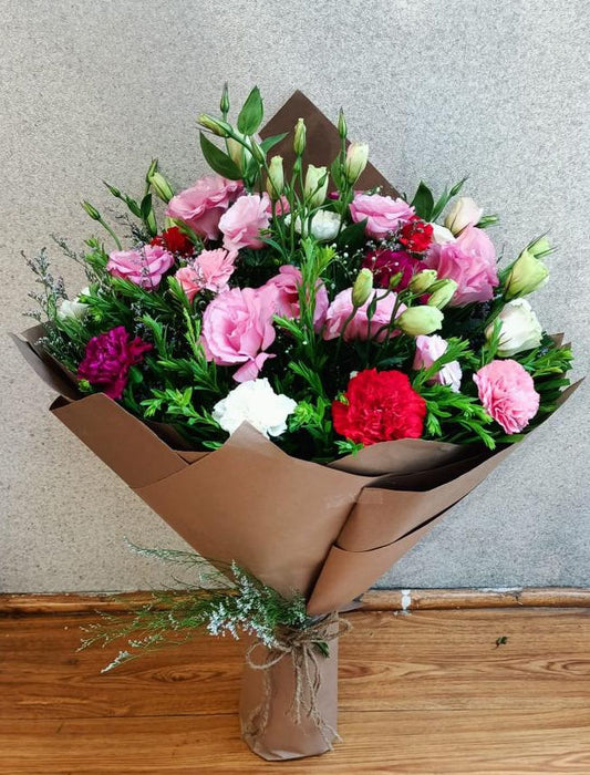 Bouquet of Eustoma and Carnations in Brown Wrap - Image 1