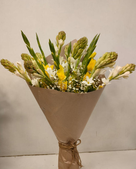 Mix Flowers- Fragrant Rajngandha and Gladioli in Brown Wrap