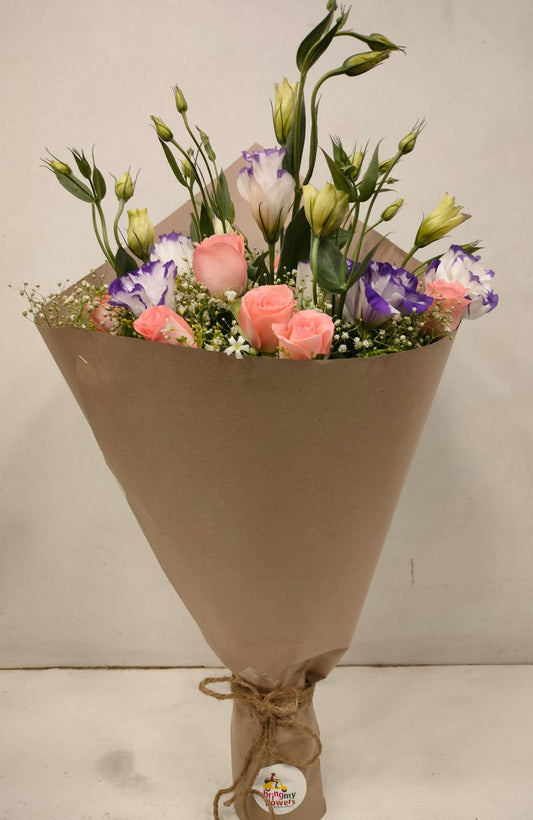 Mix Flowers with Eustoma and Pink Rose in Brown Wrap - Image 1