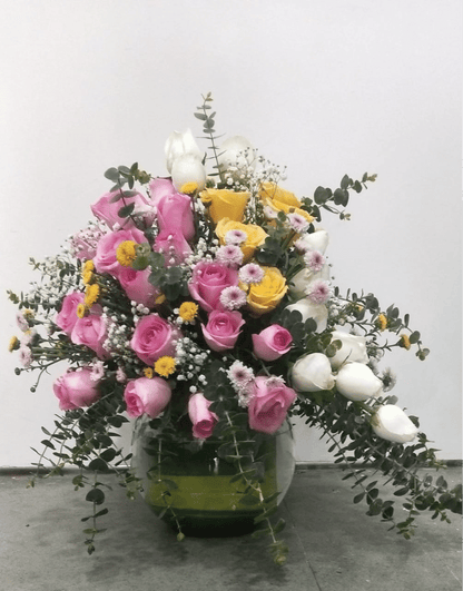 Flower Arrangement of Rose, Spray/Button Daisy and Baby Dollar in Glass Fish Bowl - Image 1