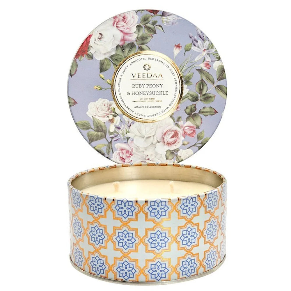 RUBY PEONY & HONEYSUCKLE- 3 WICK TIN COCONUT WAX CANDLE