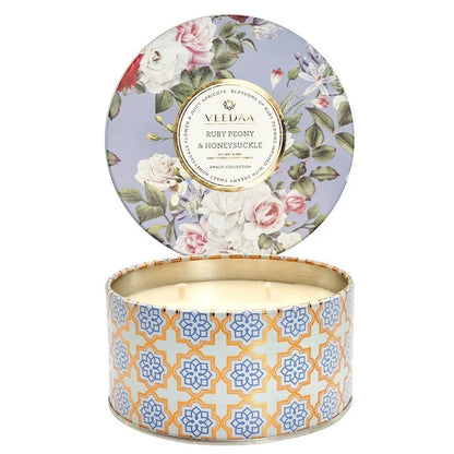 RUBY PEONY & HONEYSUCKLE- 3 WICK TIN COCONUT WAX CANDLE