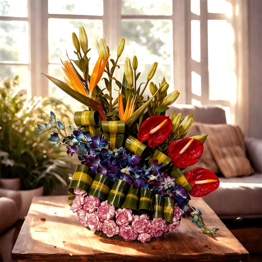 Floral Arrangement with Asiatic Lilies, Anthuriums, Carnations, Birds of Paradise and Orchids in Basket