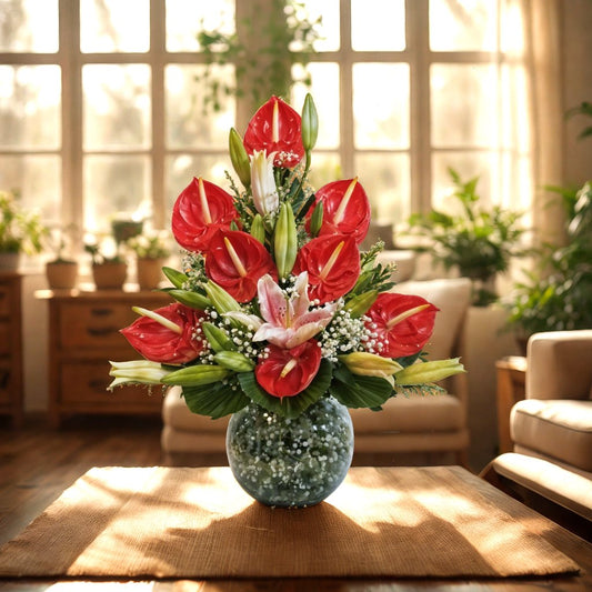 Lilies & Anthuriums Floral Arrangement in a Fish Bowl Vase