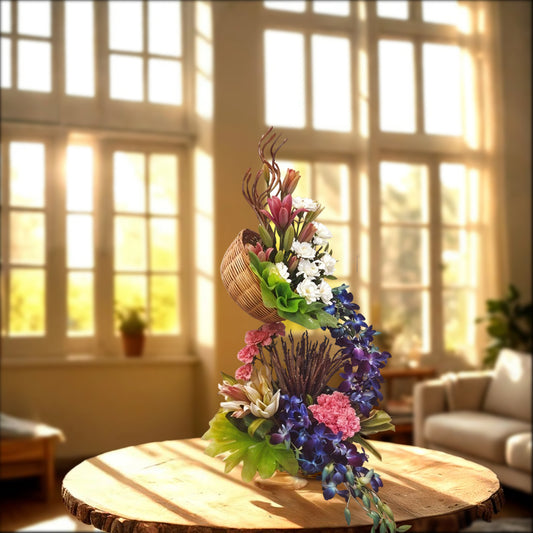 Floral Tall Arrangement with Oriental lilies, Asiatic Lilies, Carnations, Orchids in the basket