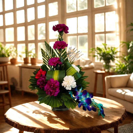 Carnations and Orchids in Square Glass Vase