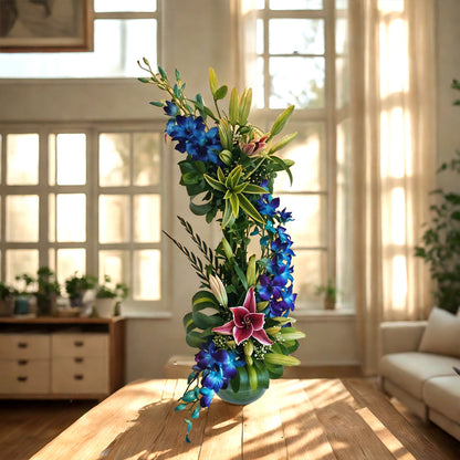 Mixed Floral Arrangement in Fish Bowl with Oriental Lilies and Orchids