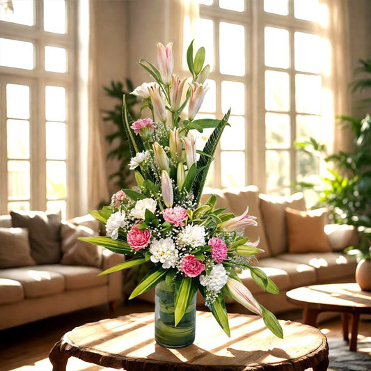 Oriental Lilies and Carnations Floral Arrangement in a Glass Vase