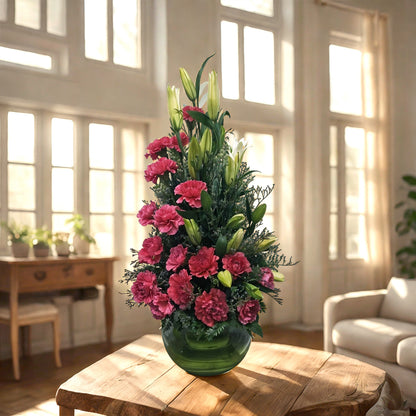 Fragrant Oriental Lily and Carnations arranged in Fish Bowl