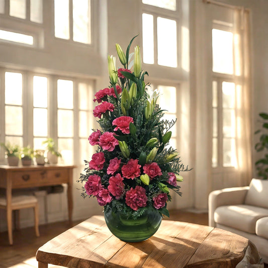Fragrant Oriental Lily and Carnations arranged in Fish Bowl