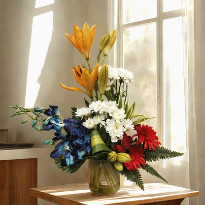 Floral Arrangement with Asiatic Lily, Spray Daisy, Gerbera and Orchids in Glass Vase