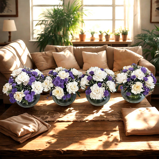 Table Arrangement with Beautiful Carnations and Blue Daisy in Glass Vase