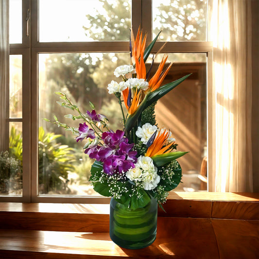 Mixed Flower Arrangement in Cylindrical Glass vase