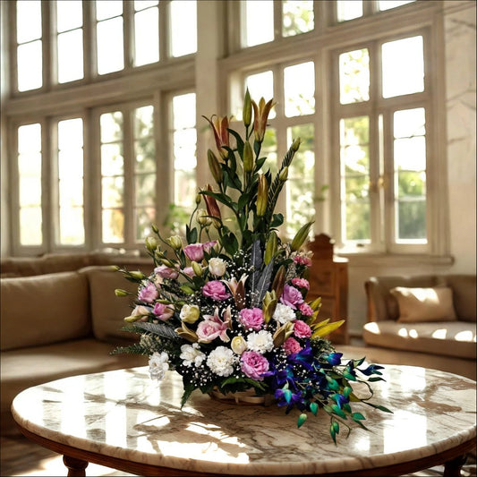 Flower Arrangement with Fragrant Oriental Lily, Carnation, Eustoma and Orchid in Basket