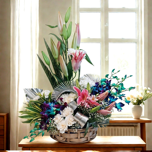 Floral Arrangement of Oriental Lilies, Carnations and Orchids in Basket