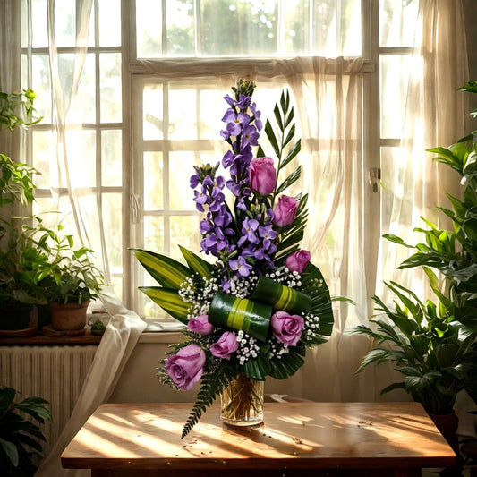 Flower arrangement with Stocks and Roses in Glass Vase