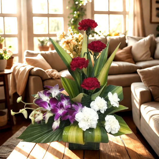 Floral Arrangement with Mix Carnations and Orchids in Glass Vase