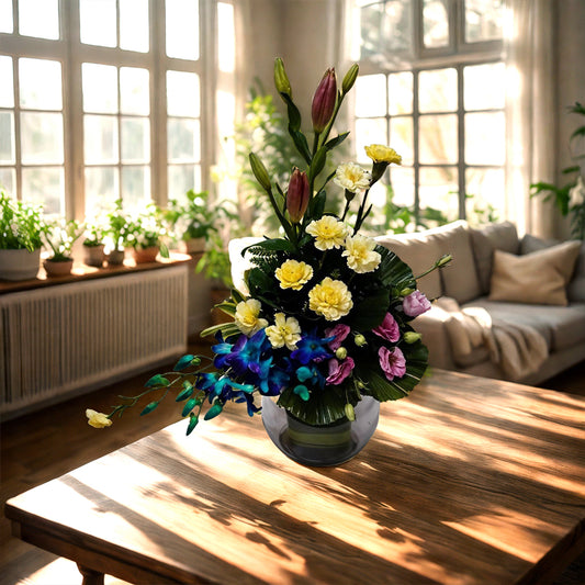 Mixed Flower Arrangement with Asiatic Lily, Carnations, Eustomas and Orchids in Fish Bowl