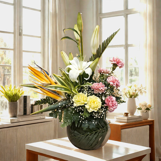 Floral Arrangement with Birds of Paradise, Oriental Lilies and Carnations in Fish Bowl