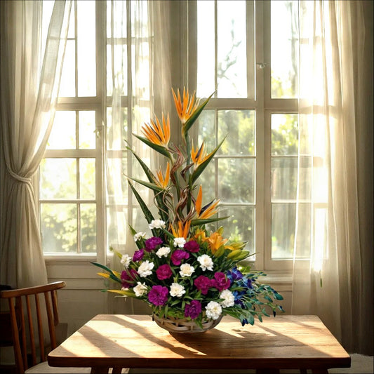 Floral Arrangement with Birds of Paradise, Asiatic Lilies, Carnations and Orchids in Basket