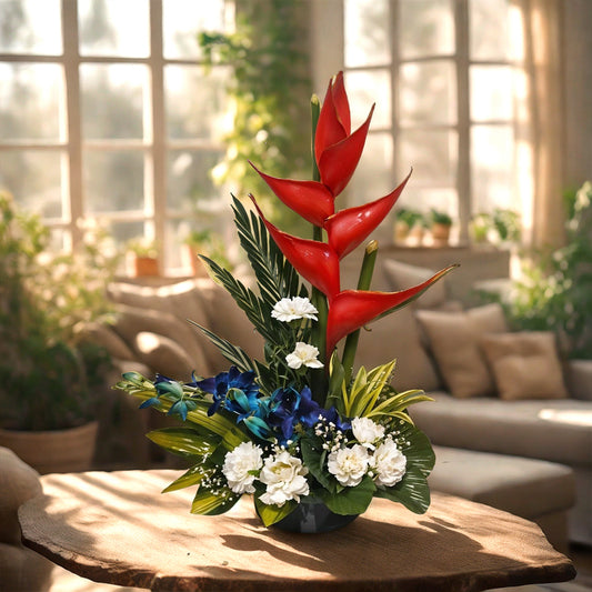 Floral Arrangement with Heliconia, Carnations and Orchid in Vase