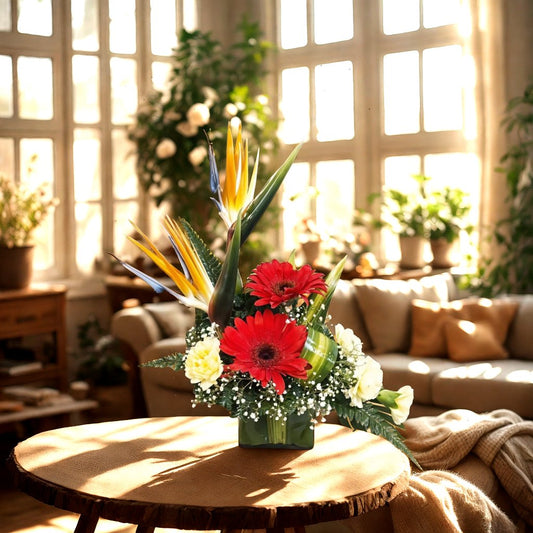 Floral Arrangement with Birds of Paradise, Carnations and Grebera in Vase