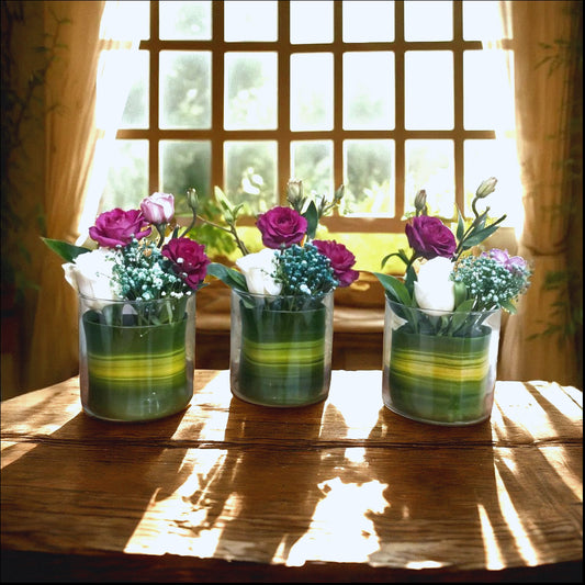 Flower Arrangement with Eustoma and Rose in Glass Vase-- Set of 3
