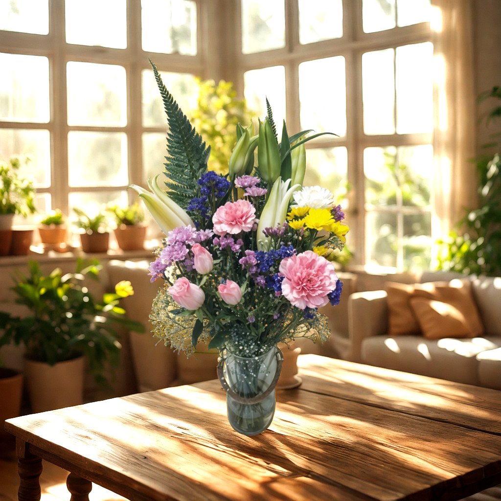 Flower arrangement with Fragrant Oriental Lily, Spray Daisy , Blue Daisy Statice, Carnations and Roses in Cylindrical Vase