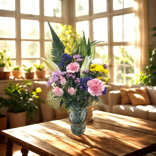 Flower arrangement with Fragrant Oriental Lily, Spray Daisy , Blue Daisy Statice, Carnations and Roses in Cylindrical Vase
