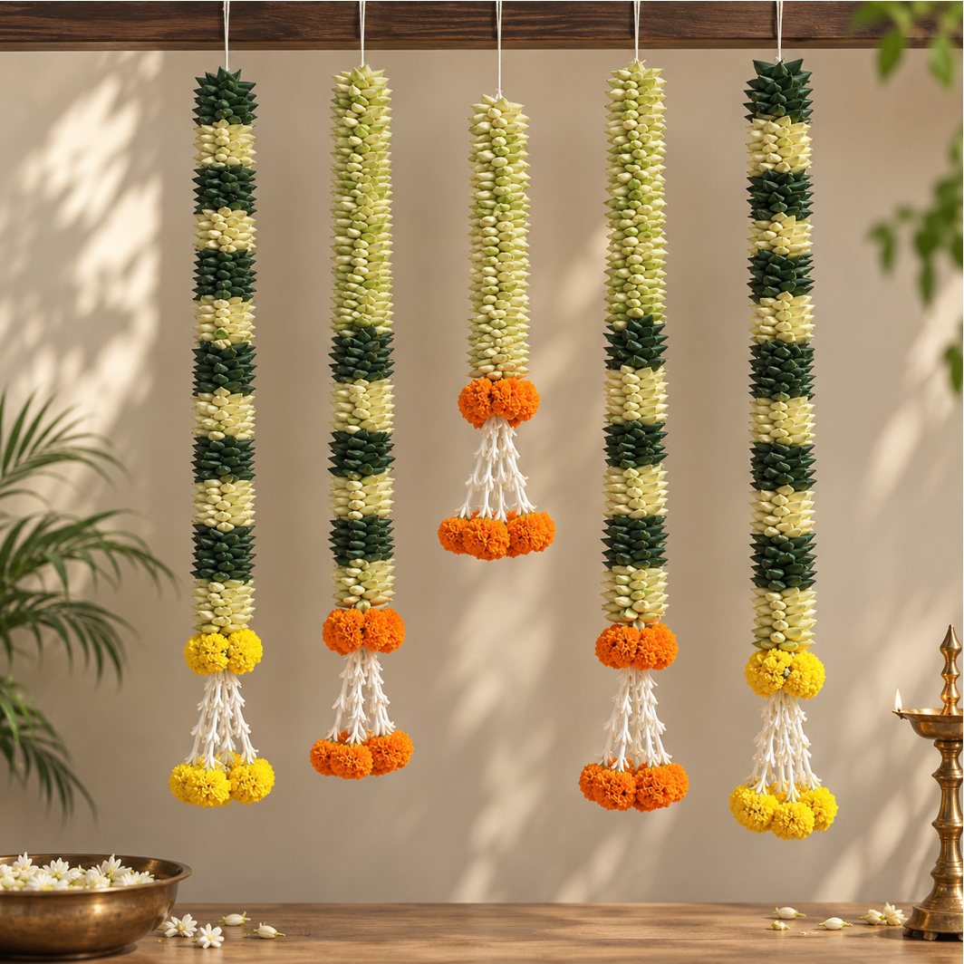 Palm Leaf, Marigold and Rajnigandha Strings- Set of 5