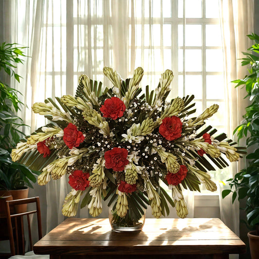 Flower Arrangement with Rajnigandha and Carnations in Glass Vase