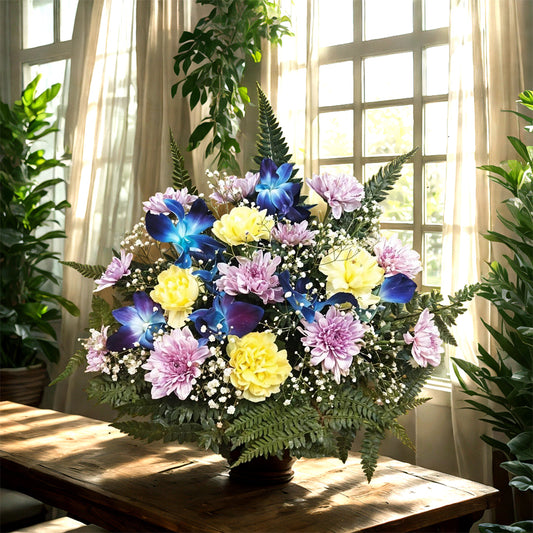 Floral Arrangement made with Spray Daisies, Carnations and Orchids in Glass Vase