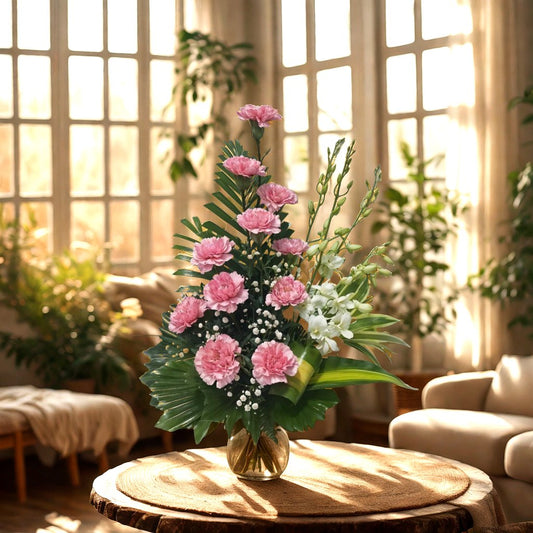 Flower Arrangement with Orchid and Carnations in Glass Vase