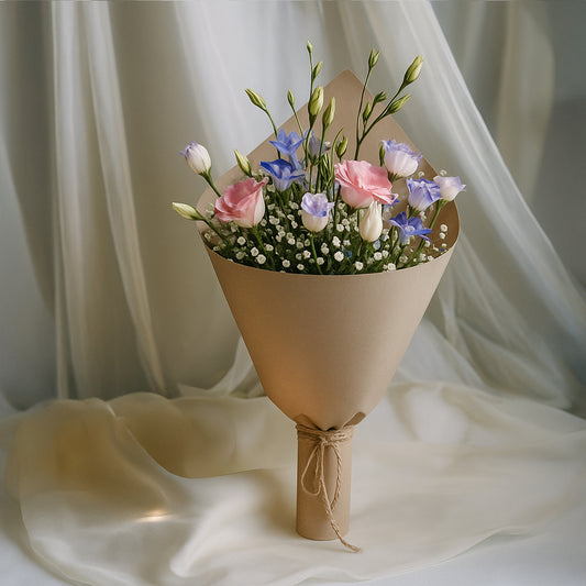 Eustoma and Pink Rose in Simple Brown Wrap