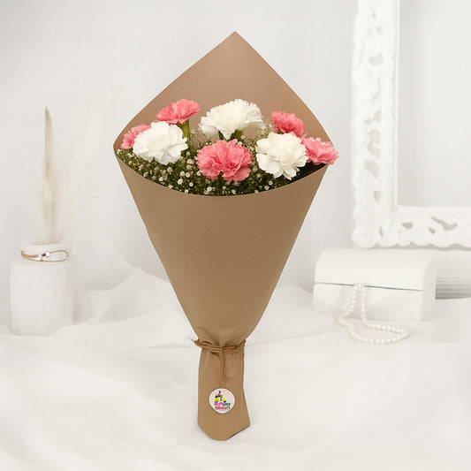 Bouquet of Pink and White Carnations in Brown Wrap