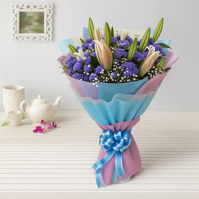 Bouquet made with Fragrant Oriental Lily and Blue Daisy
