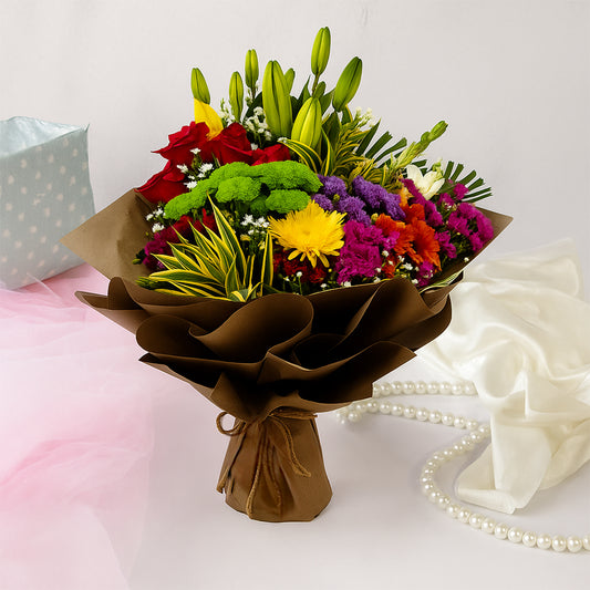 Mixed Flower Hand Bouquet with Asiatic Lily, Rose, Green Button Daisies , Spray Daisies and Statice