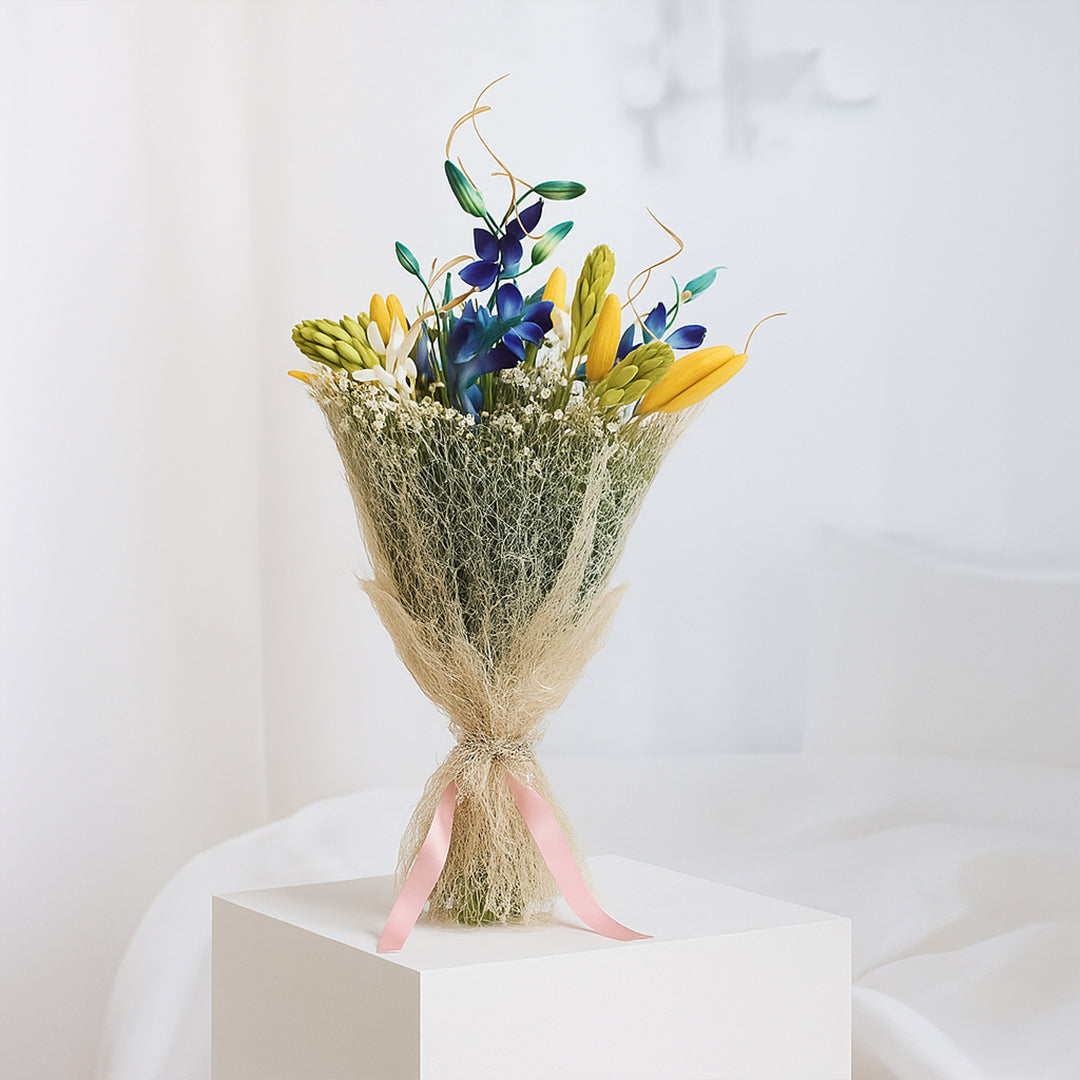 Rajnigandhas, Orchids and Asiatic Lilies in Jute Wrap