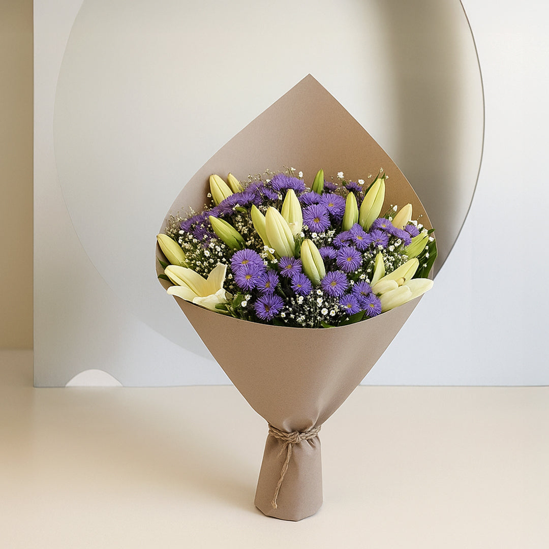 Bouquet of Asiatic Lilies and Blue Daisies