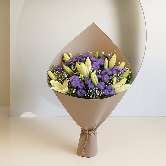 Bouquet of Asiatic Lilies and Blue Daisies