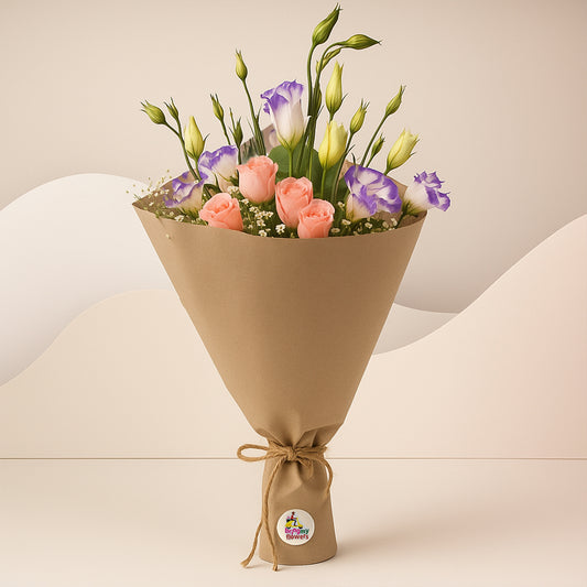 Mix Flowers with Eustoma and Pink Rose in Brown Wrap